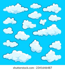 Painted cartoon clouds on blue background. Simple hand drawn round cloud, summer sky panorama, cloudscape. Flat design. Vector illustration