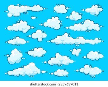 Painted cartoon clouds on blue background. Simple hand drawn round cloud, summer sky panorama, cloudscape. Flat design. Vector illustration