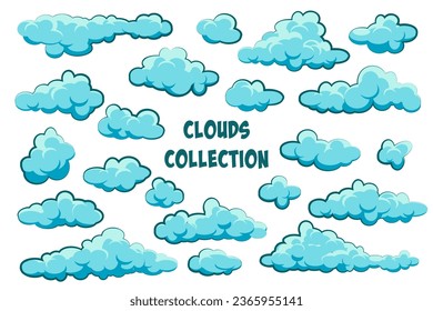 Painted cartoon clouds on blue background. Simple hand drawn round cloud, summer sky panorama, cloudscape. Flat design. Vector illustration