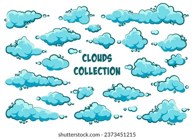 Nubes de dibujos animados pintados sobre fondo azul. Simple nube redonda dibujada a mano, panorama del cielo de verano, paisaje nublado. Diseño plano. Ilustración del vector