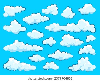 Gemalte Cartoon-Wolken auf blauem Hintergrund. Einfache handgezeichnete runde Wolke, Sommerhimmelpanorama, Wolkenbild. Flaches Design. Vektorgrafik