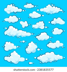 Gemalte Cartoon-Wolken auf blauem Hintergrund. Einfache handgezeichnete runde Wolke, Sommerhimmelpanorama, Wolkenbild. Flaches Design. Vektorgrafik