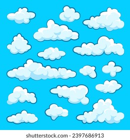 Painted cartoon clouds on blue background. Simple hand drawn round cloud, summer sky panorama, cloudscape. Flat design. Vector illustration