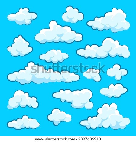 Painted cartoon clouds on blue background. Simple hand drawn round cloud, summer sky panorama, cloudscape. Flat design. Vector illustration