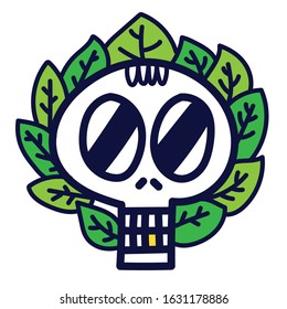 painted cartoon skull on a background of leaves