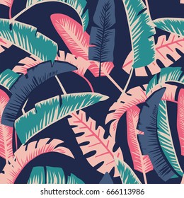 Painted In Cartoon Style Banana Leaves. Seamless Vector Wallpaper Pattern On A Dark Blue Background