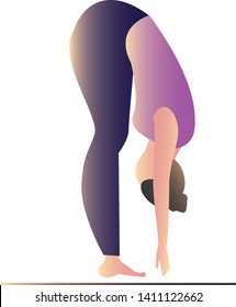 Painted in cartoon style girl who practices yoga, stretching, sport exercise. Pink colors, gradient. Exercise, trendy sports illustration. Simple design. Vector Eps.8