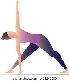 Painted in cartoon style girl who practices yoga, stretching, sport exercise. Pink colors, gradient. Exercise, trendy sports illustration. Simple design. Vector Eps.8