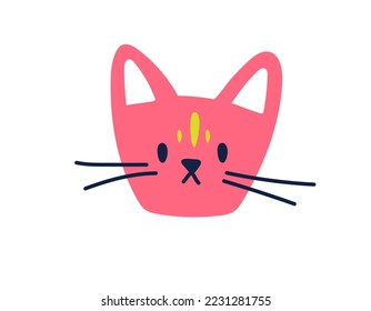 Painted cat head. The muzzle of a cute pink cat in a child's hand-drawn style. Vector illustration isolated on white background.