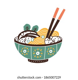 Painted ceramic bowl of Japanese noodle soup served with chopsticks. Ramen dish with meat, mushrooms and greenery isolated on white background. Traditional Asian food. Drawn flat vector illustration