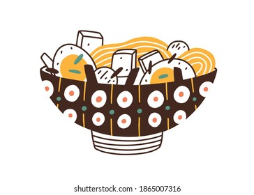 Painted ceramic bowl of Japanese noodle soup isolated on white background. Ramen dish with eggs and tofu. Traditional Asian food. Hand drawn colorful flat vector illustration