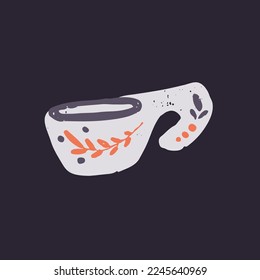 Painted ceramic cup. Handmade ceramics, kitchen stoneware in rustic country style. Hand-made pottery, edgy mug with ornament. Teacup, trendy tableware. Isolated flat vector illustration