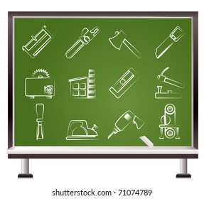 painted with chalk Woodworking industry and Woodworking tools icons - vector icon set