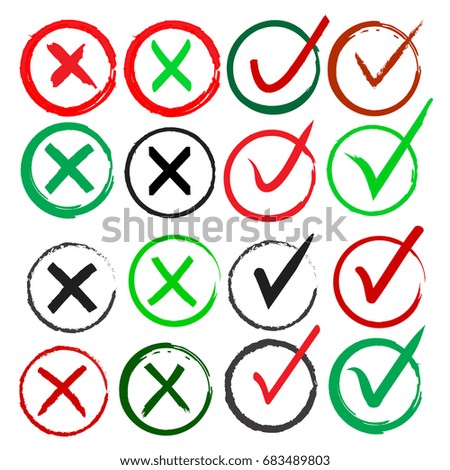 Painted Check Mark Set in Grunge Style. Modern Design. Vector Illustration