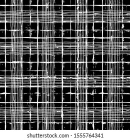 Painted Checkered Plaid Pattern. Grunge brush strokes seamless hand drawn background. Trendy tartan print. Black and white grunge illustration