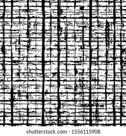 Painted Checkered Plaid Pattern. Grunge brush strokes seamless hand drawn background. Trendy tartan print. Black and white grunge illustration
