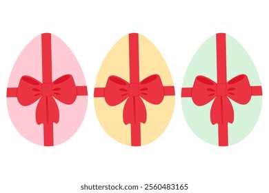 Painted chicken eggs in trendy festive colors with red ribbon bow. Easter design elements idea Set 3