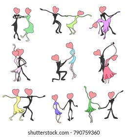 Painted children's drawings for Valentine's Day. Dancing couples. Vector illustration.