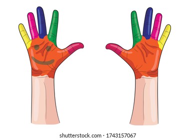 Painted child's hand raised up. Funny children with painted hands .. Funny children raise their hands to the World Children's Day on June 1. Vector illustration.