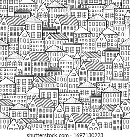 Painted city. Stay at home. Seamless pattern on white background