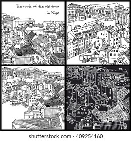 Painted city, streets, buildings and rooftops, urban area.
