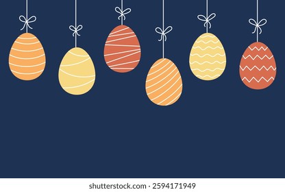 Painted color Easter eggs hanging on string, seamless border on dark background. Egg in flat hand drawn style. Vector illustration