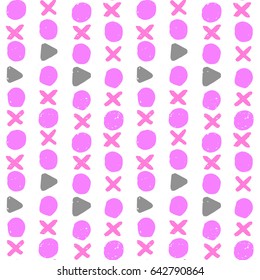 painted color, graphic pattern of pink circles and crosses with textures on a white background