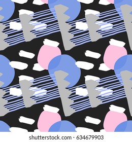 painted color pattern of the graphic circles, spots, ovals, spheres, lines, strokes, smears and dots texture on a black background