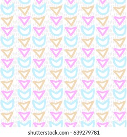 painted color pattern of graphic, geometric shapes and triangular arrows with textures on a white background