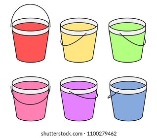 Painted in Color Plastic or Metal Bucket at Different Angles of View. Vector illustration.