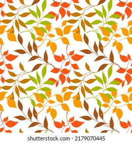 Painted colored background. Multi-colored leaves on a white background. Drawn branch. Sophisticated multi-colored background for a postcard. Green, orange, yellow. Branches set.