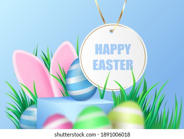 Painted colorful beautiful Easter eggs in the air on pedestals, podiums and pink rabbit ears, the grass is green. Postcard for the day of light Easter