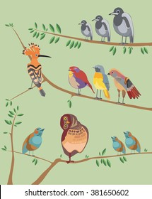 painted colorful birds sitting on branches