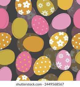 Painted colorful Easter eggs on a dark gray background form a seamless pattern for textiles and wrapping paper. Vector.