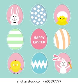 Painted colorful pattern egg frame set Bunny rabbit hare holding carrot. Chicken bird with shell. Happy Easter text. Dash line contour. Greeting card. Blue pastel color background.Flat design. Vector 