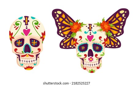 Painted colorful skulls for the Cinco de Mayo festival, May 5, with admiral butterfly wings and marigold flowers. Vector graphics.