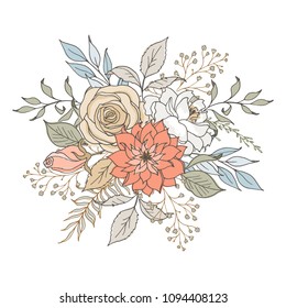 Painted composition of flowers in pastel colors. Element for design. Greeting card. Valentine's Day, Mother's Day, Wedding, Birthday