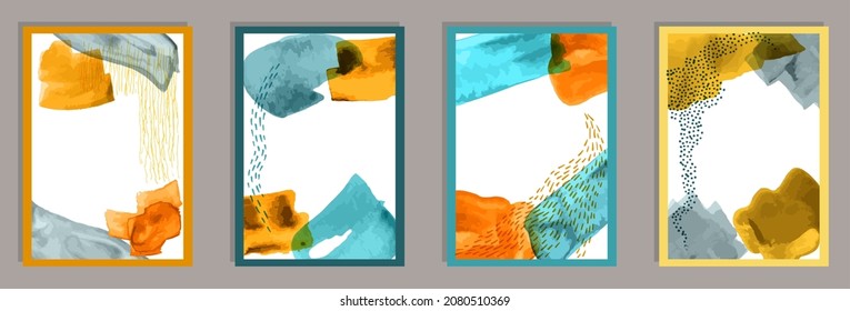 Painted contemporary banners vector set. Watercolor stains backgrounds. Nordic style frames. Youth home decor layouts. Scribble elements.