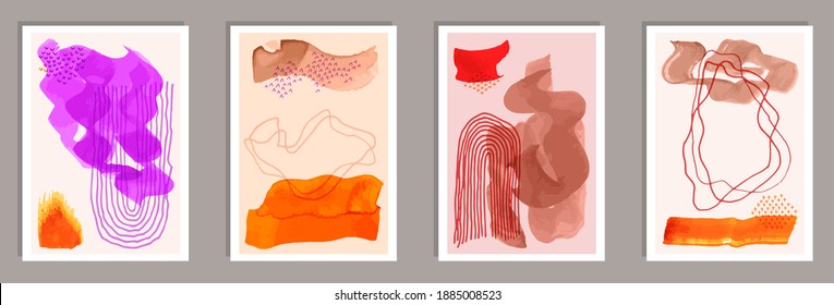 Painted contemporary canvas vector set. Watercolor blots patterns. 20s style frames. Youth artwork layouts. Doodle elements.