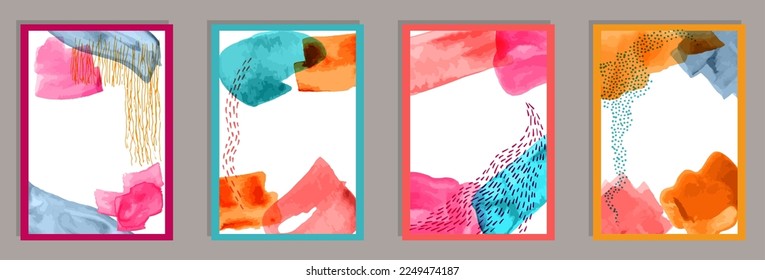 Painted contemporary covers vector collection. Watercolor blotches texture. Scandinavian style frames. Cool artwork templates. Doodle elements.