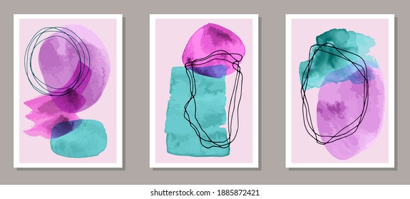 Painted contemporary covers vector set. Watercolor splats shapes. 20s style frames. Youth wall poster layouts. Brush stroke elements.