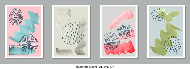 Painted contemporary postcards vector set. Watercolor stains shapes. 20s style prints. Stylish artwork templates. Doodle elements.