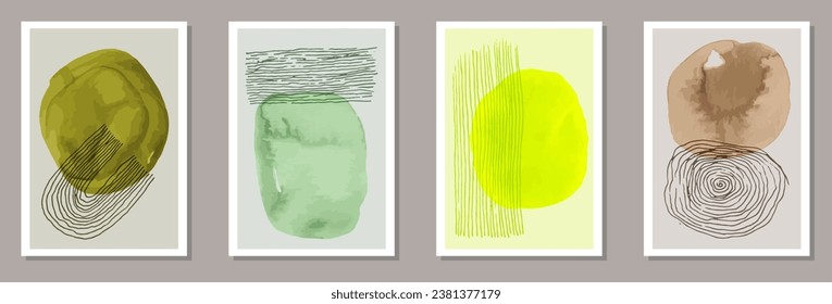 Painted contemporary posters vector set. Watercolor blots collage. Chinese style frames. Youth banner templates. Doodle elements.