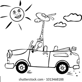 painted contour giraffe girl in a hat rides in the car with an open top, cartoon change of character