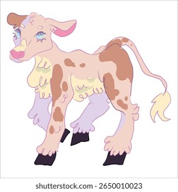 Painted cow. Cute spotted fluffy calf. Delicate coloring, blue eyes. Original stylized hand-drawn vector illustration. Design of prints for clothes, sketchbooks, cups, stickers, pins, logos.