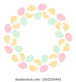 Painted cracked and whole Eggs Round Frame border in trendy Easter shades. Copy space Template idea