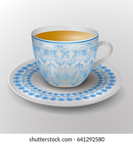 Painted cup with tea isolated on white background. Decorative dishware with ornament. vector illustration