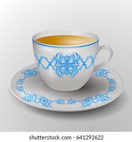 Painted cup with tea isolated on white background. Decorative dishware with ornament. vector illustration