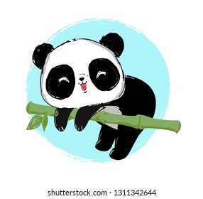 Painted Cute cheerful panda sitting on the bamboo. vector illustration.