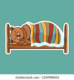 Painted cute funny brown bear in hibernation lying on the bed covered with blanket and sleeping sticker, colorful hand drawing, cartoon character, vector illustration, isolated on colored background